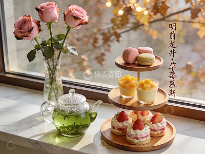 窗边茶点与玫瑰花