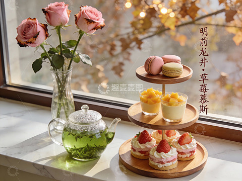 窗边茶点与玫瑰花
