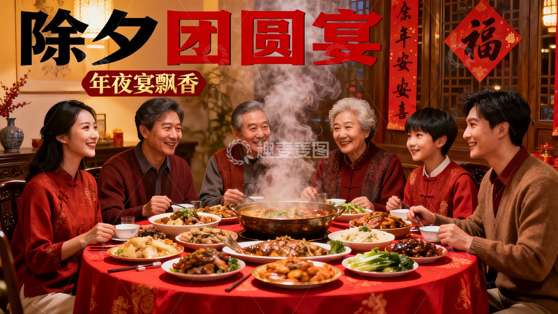 高清大图下载【趣麦麦图】除夕团圆宴家人欢聚一堂