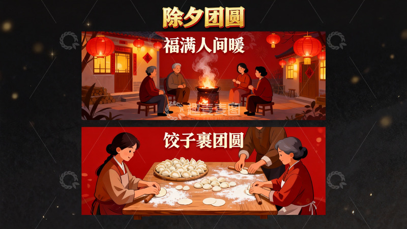 高清大图下载【趣麦麦图】除夕团圆夜家人围炉包饺子