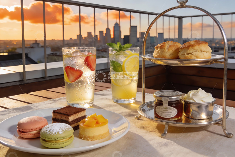 高清大图下载【趣麦麦图】阳台下午茶城市日落美景