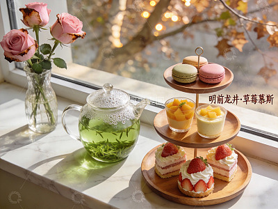 窗边茶点与鲜花