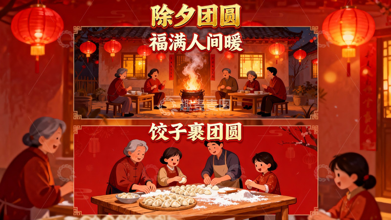 高清大图下载【趣麦麦图】除夕团圆夜家人包饺子