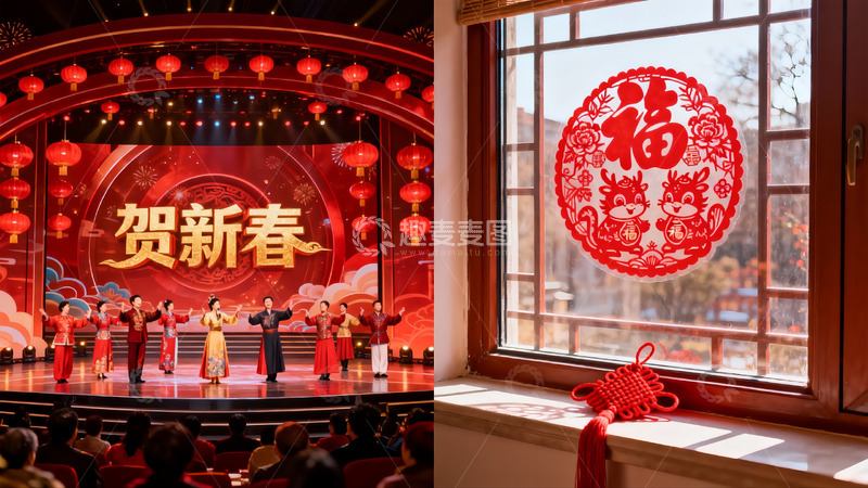 高清大图下载【趣麦麦图】新春舞台表演与窗贴福字