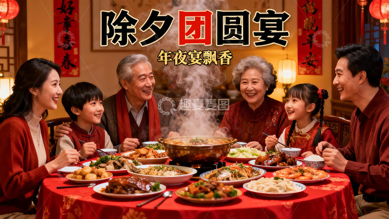 高清大图下载【趣麦麦图】除夕团圆饭家人欢聚一堂