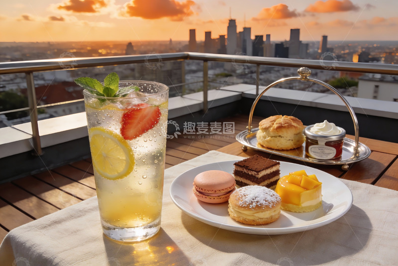 高清大图下载【趣麦麦图】屋顶露台夕阳下午茶