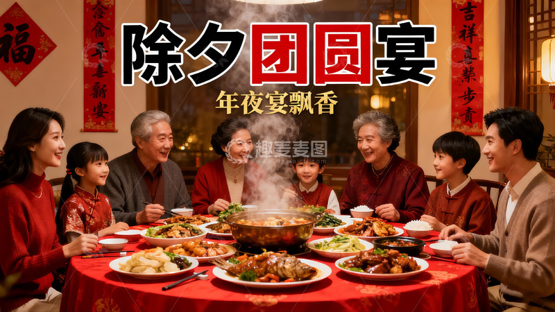 高清大图下载【趣麦麦图】除夕团圆宴家人围坐享美食