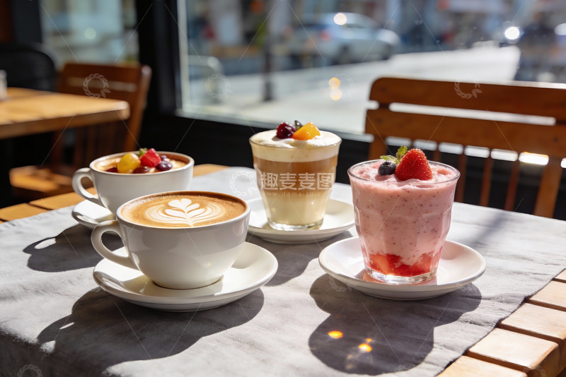 高清大图下载【趣麦麦图】阳光下咖啡与甜品的惬意时光