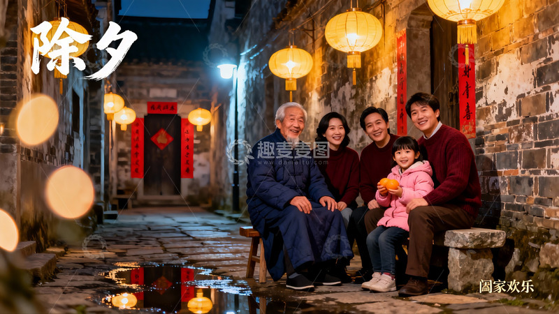 高清大图下载【趣麦麦图】除夕夜古巷全家福