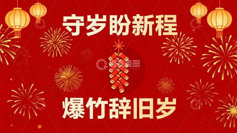 高清大图下载【趣麦麦图】新年庆祝红底烟花灯笼图