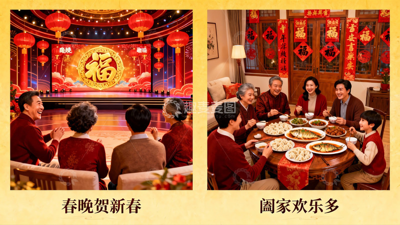 高清大图下载【趣麦麦图】春节团圆饭与春晚庆祝