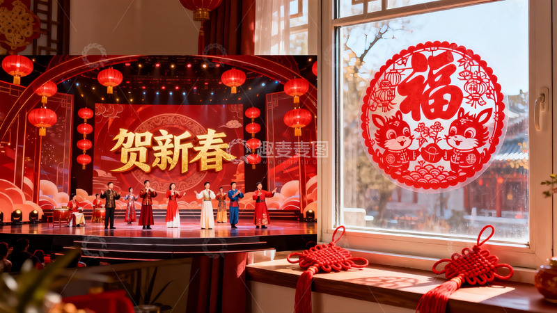 高清大图下载【趣麦麦图】新春舞台表演与窗花装饰