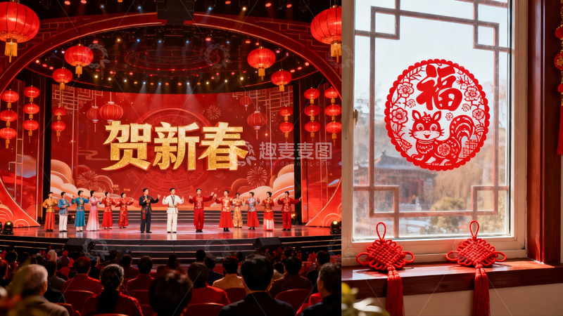 高清大图下载【趣麦麦图】新春舞台表演与窗花装饰