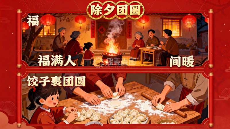 高清大图下载【趣麦麦图】除夕团圆夜家人包饺子欢聚