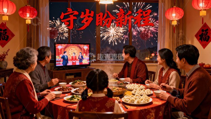 高清大图下载【趣麦麦图】春节团圆饭烟花绽放