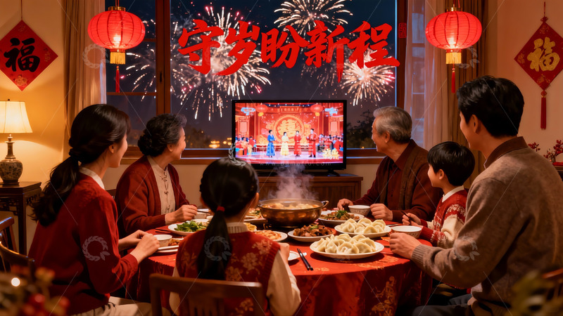 高清大图下载【趣麦麦图】春节家庭聚餐观看春晚
