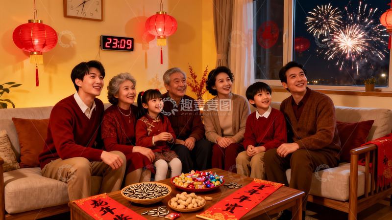 高清大图下载【趣麦麦图】家庭欢聚夜放烟花共庆佳节