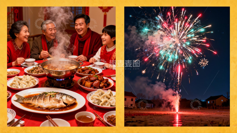 高清大图下载【趣麦麦图】团圆饭与烟花夜