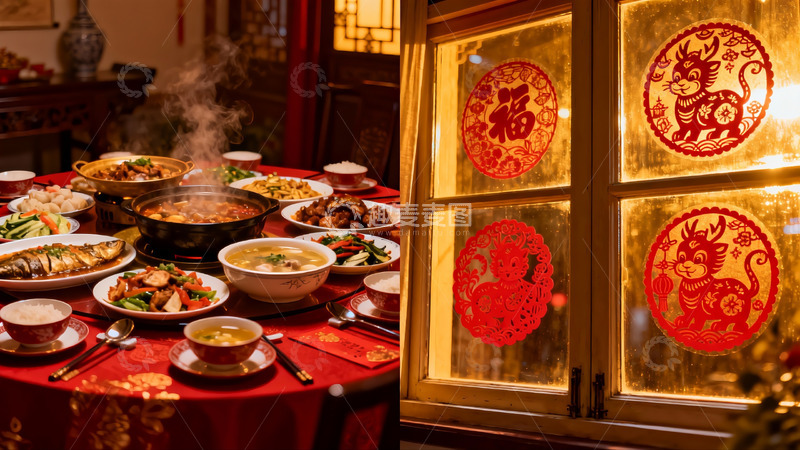 高清大图下载【趣麦麦图】中式年夜饭与窗花装饰
