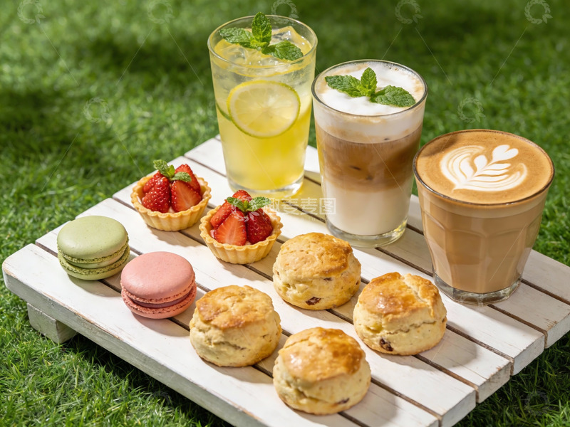 高清大图下载【趣麦麦图】户外草地上美食饮品摆盘