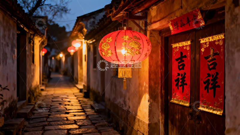 高清大图下载【趣麦麦图】夜色古巷红灯笼高挂