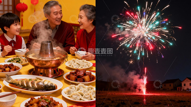家庭年夜饭与烟花夜景