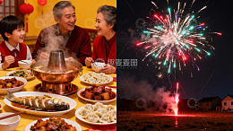 家庭年夜饭与烟花夜景