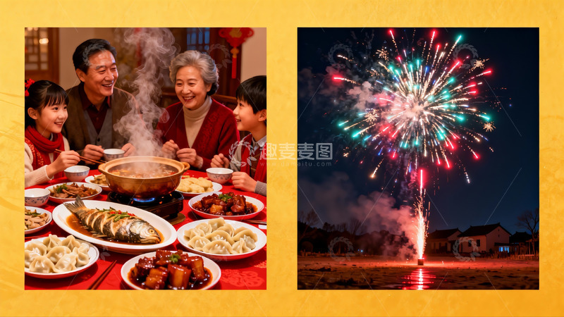 高清大图下载【趣麦麦图】家庭聚餐与烟花夜景
