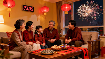 除夕夜家人团聚看烟花