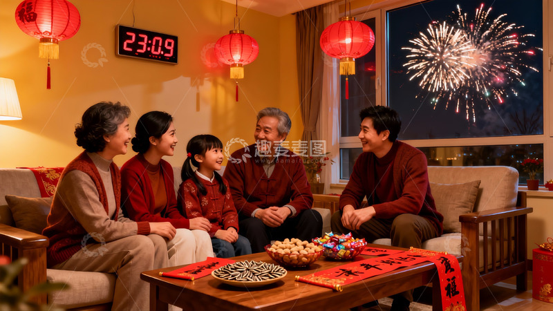 高清大图下载【趣麦麦图】除夕夜家人团聚看烟花