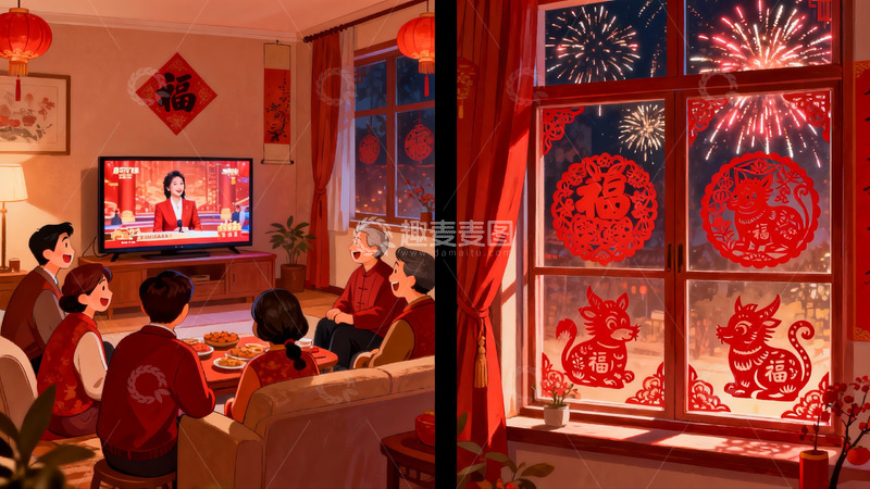 高清大图下载【趣麦麦图】春节家庭团聚观看春晚