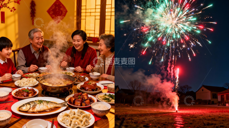 高清大图下载【趣麦麦图】家庭聚餐与烟花庆祝