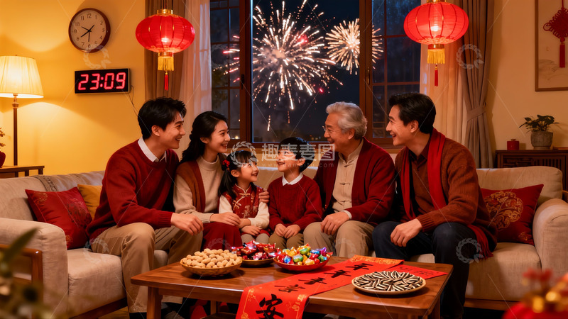 高清大图下载【趣麦麦图】春节家庭团聚赏烟花