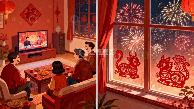 高清大图下载【趣麦麦图】春节家庭团聚看春晚放烟花