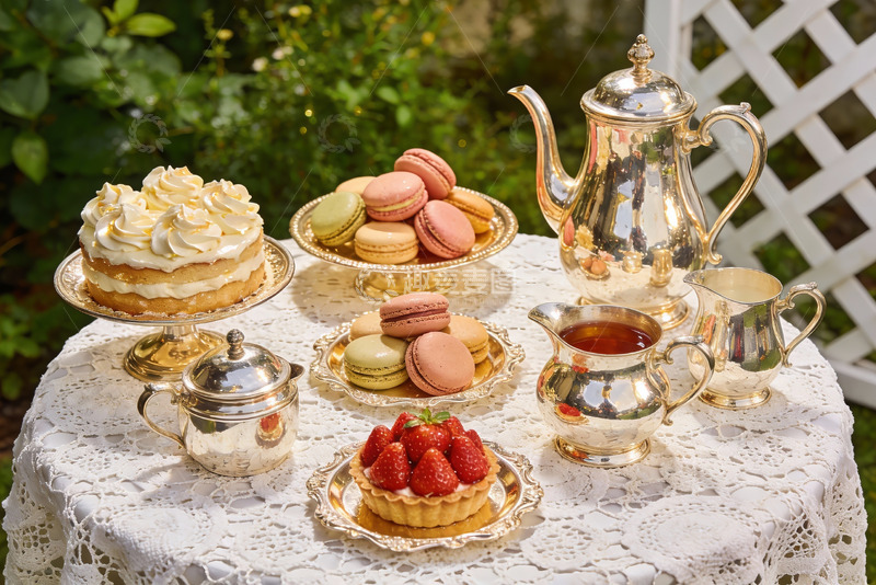 高清大图下载【趣麦麦图】户外下午茶甜点与银器摆设