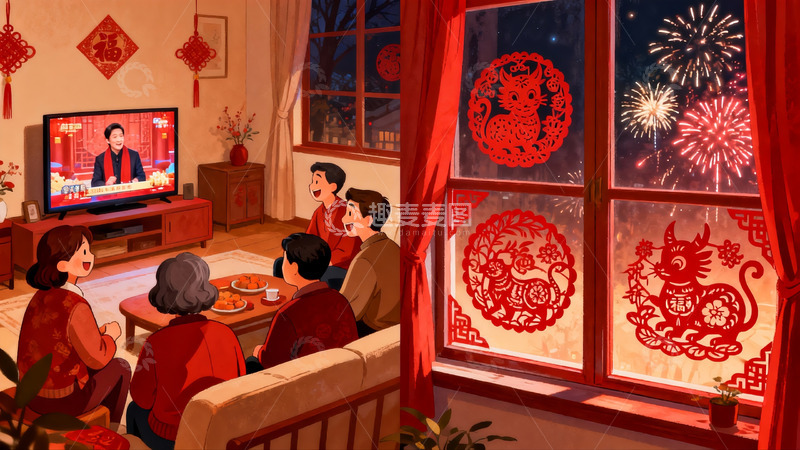 高清大图下载【趣麦麦图】春节家庭团聚看春晚