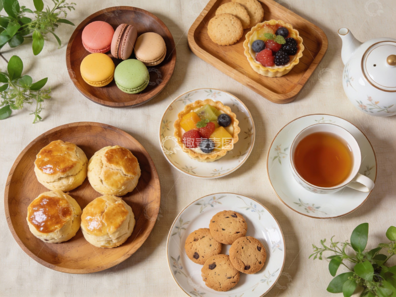 高清大图下载【趣麦麦图】精致下午茶点心与茶具摆盘