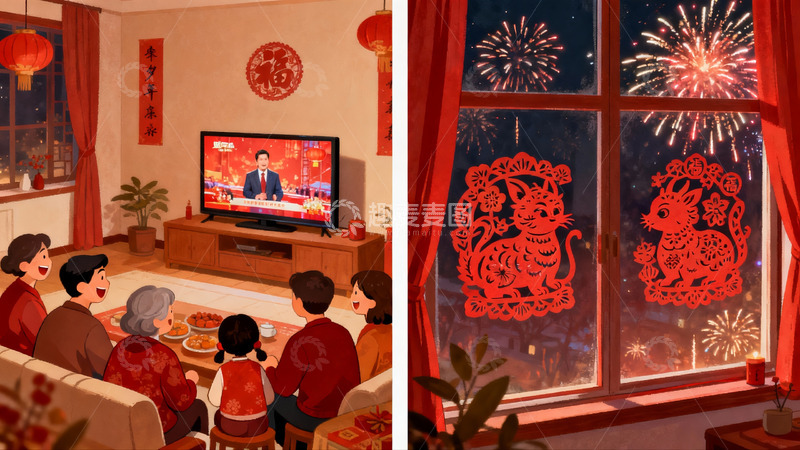 高清大图下载【趣麦麦图】春节家庭团聚观看春晚