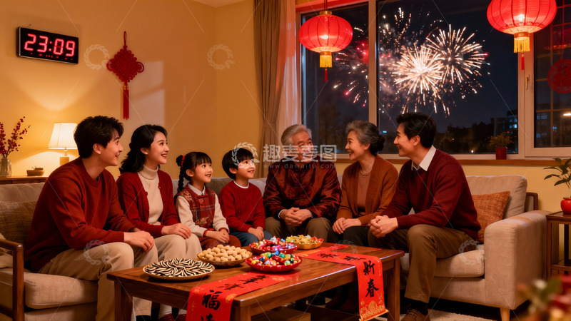 高清大图下载【趣麦麦图】家庭欢聚赏烟花迎新春