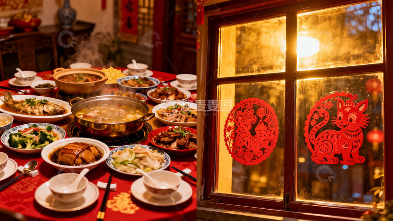 高清大图下载【趣麦麦图】春节团圆饭与窗花剪纸