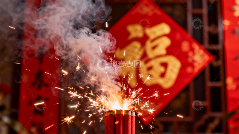 高清大图下载【趣麦麦图】烟花绽放红福字背景