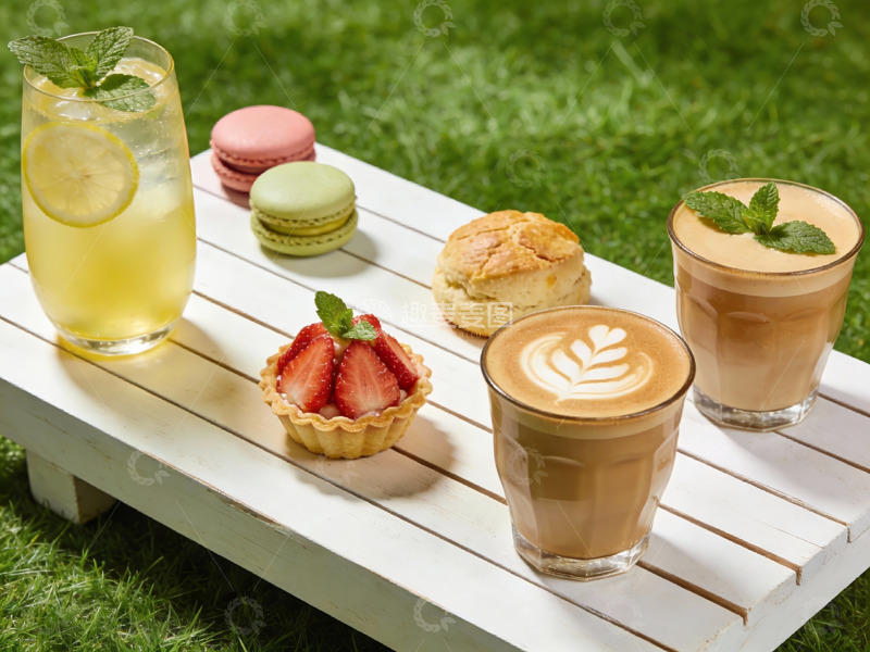 高清大图下载【趣麦麦图】户外草地上美食饮品摆盘