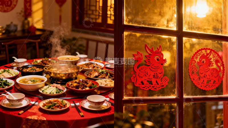 高清大图下载【趣麦麦图】中式年夜饭与窗花剪纸