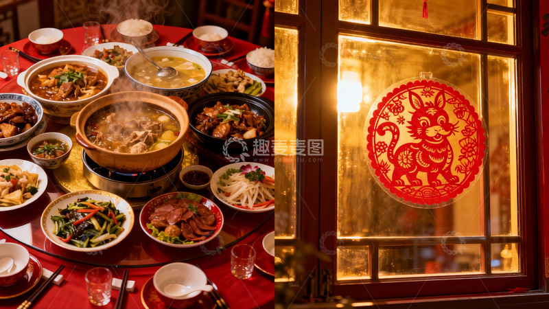 高清大图下载【趣麦麦图】团圆饭与窗花映衬的节日氛围