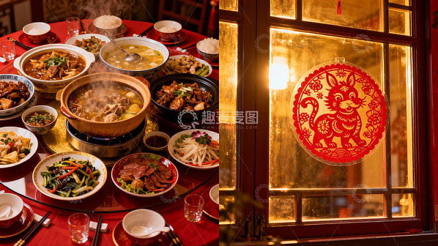 团圆饭与窗花映衬的节日氛围