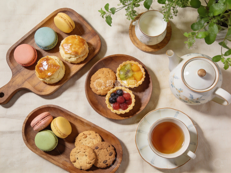 高清大图下载【趣麦麦图】精致下午茶点心与茶具摆盘
