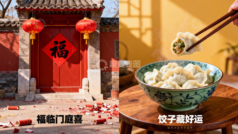 高清大图下载【趣麦麦图】传统门扉与饺子美食对比