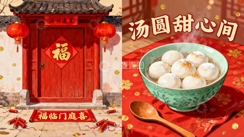 高清大图下载【趣麦麦图】春节门景与汤圆美食