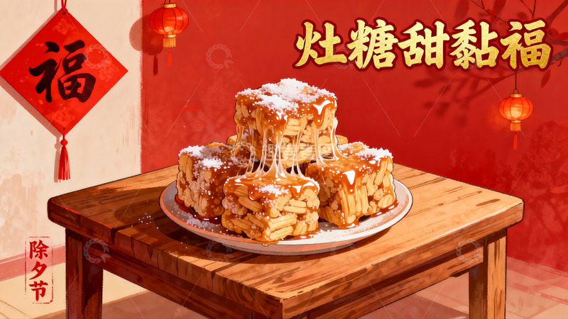 高清大图下载【趣麦麦图】除夕灶糖甜黏福