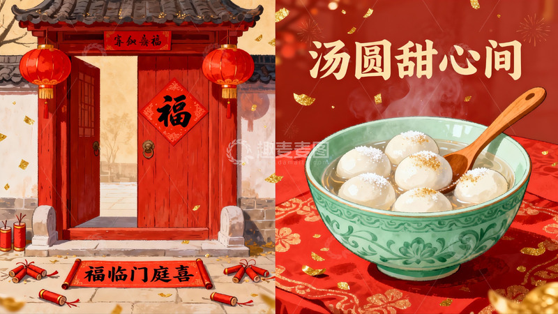 高清大图下载【趣麦麦图】传统节日门景与汤圆美食